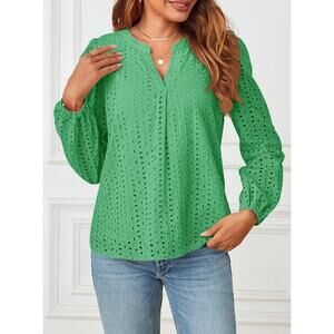 Merokeety Eyelet Peasant Blouse Shirt Women’s Large Green V-neck Cottage Core